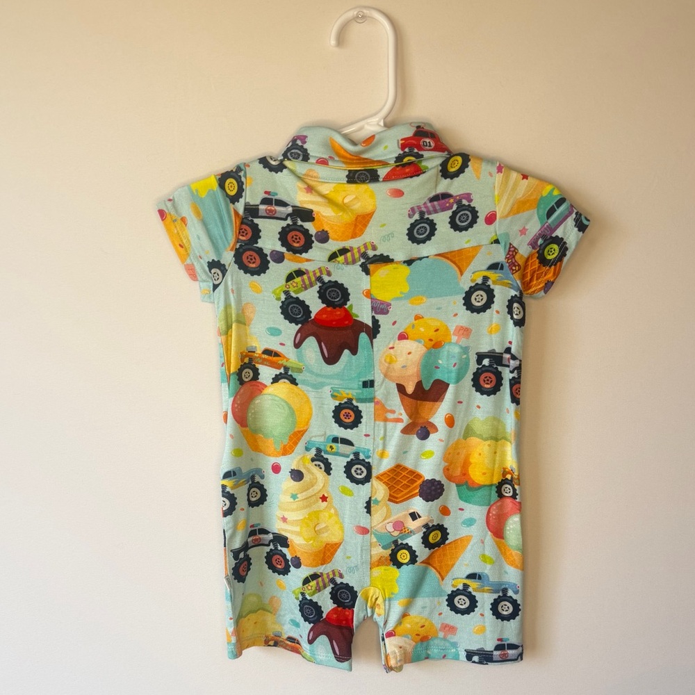 Posh Peanut Pastel Blue Monster Truck Ice Cream Henley Romper - Picture 8 of 9